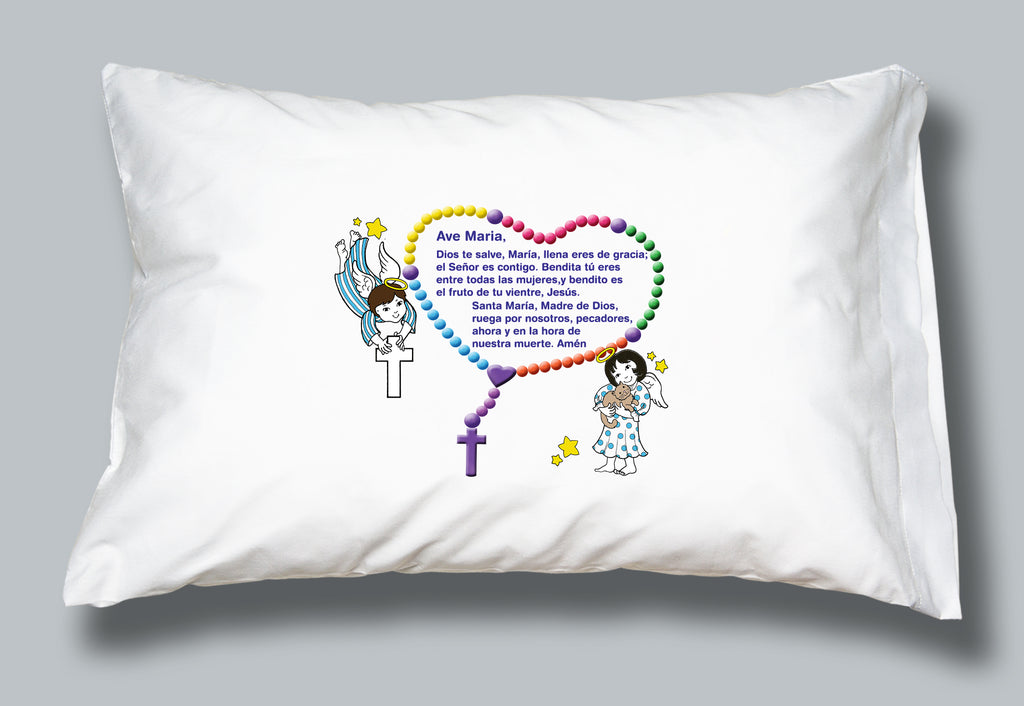 White pillowcase featuring images of angels and Ave Maria (Hail Mary) prayer in Spanish