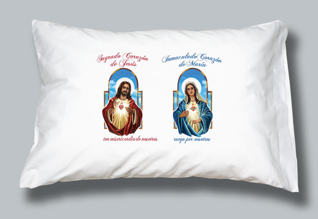 White pillowcase featuring images of The Sacred Heart of Jesus and the Immaculate Heart of Mary in Spanish