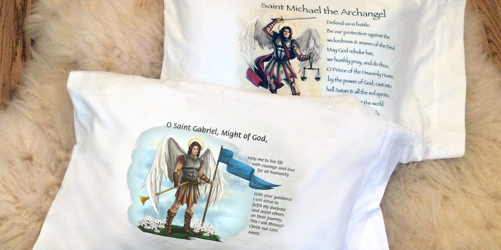 Duo of white pillowcases printed with pictures and prayers of Catholic Archangels, Saint Michael and Saint Gabriel