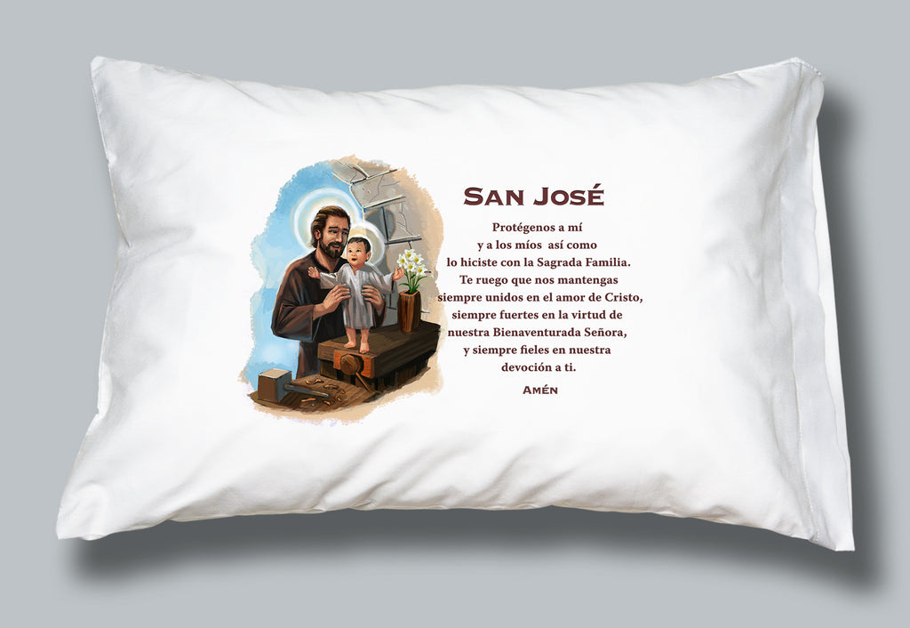 White pillowcase featuring image of San Jose (St. Joseph) and prayer in Spanish