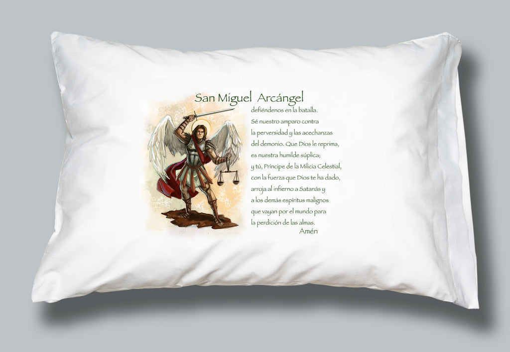 White pillowcase featuring image of San Miguel Arcangel (St Michael the Archangel) prayer in Spanish