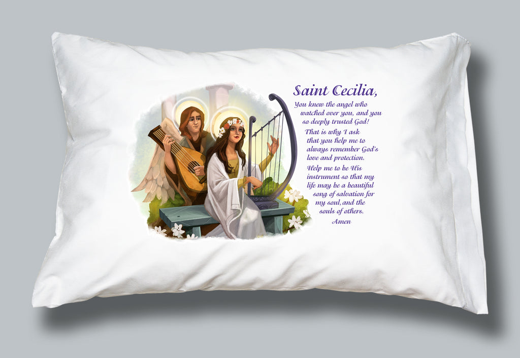White pillowcase with image and prayer of St Cecilia