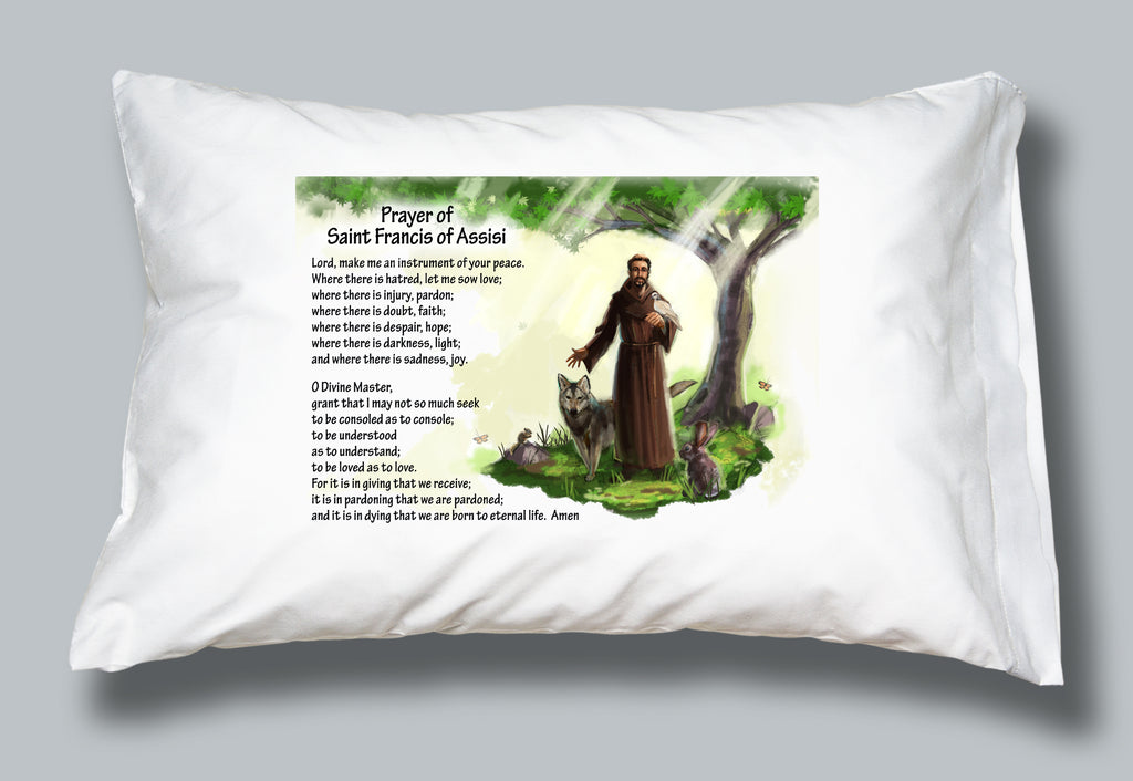 White pillowcase with image and prayer of St Francis of Assisi