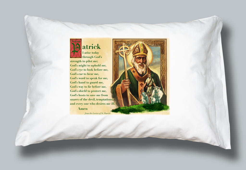 White pillowcase featuring image and prayer of St Patrick