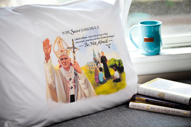 Send your Catholic young adult back to college with the loving encouragement of Pope JPII! This Pope John Paul II Prayer Pillowcase is perfect for college kids.