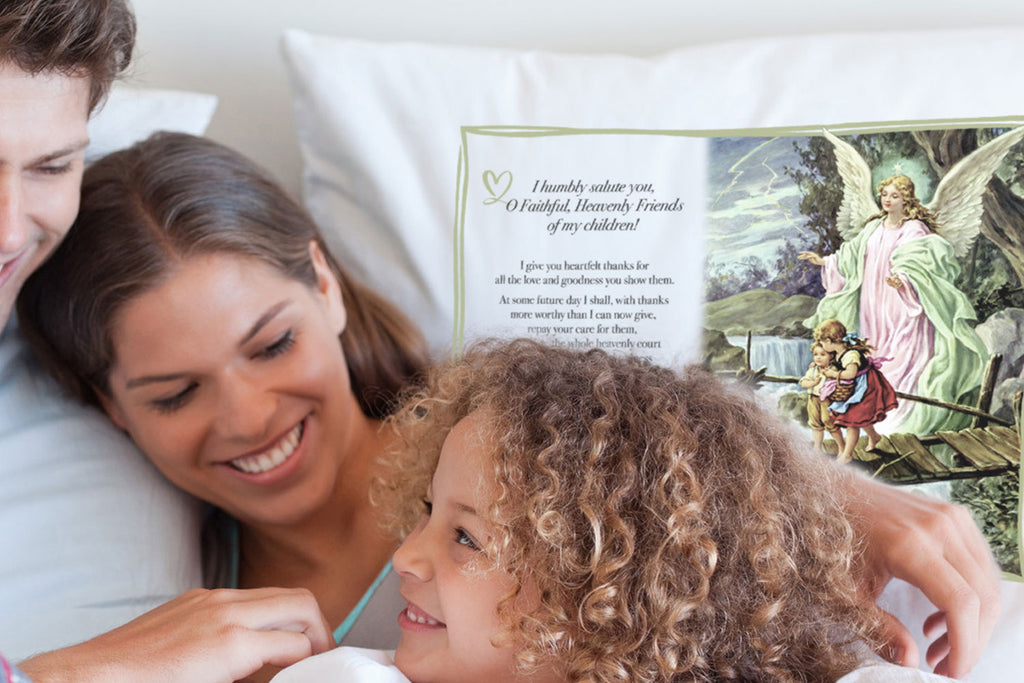 This Prayer Pillowcase helps parents give a special gift of faith and love to our children every day: a powerful prayer of praise and petition to their Guardian Angels! Catholic Moms will love having this vital prayer and timeless Guardian Angel image on a Catholic Pillowcase.