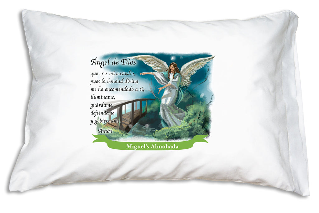 We add the name to a festive banner like this when you personalize the Angel de Dios Prayer Pillowcase.