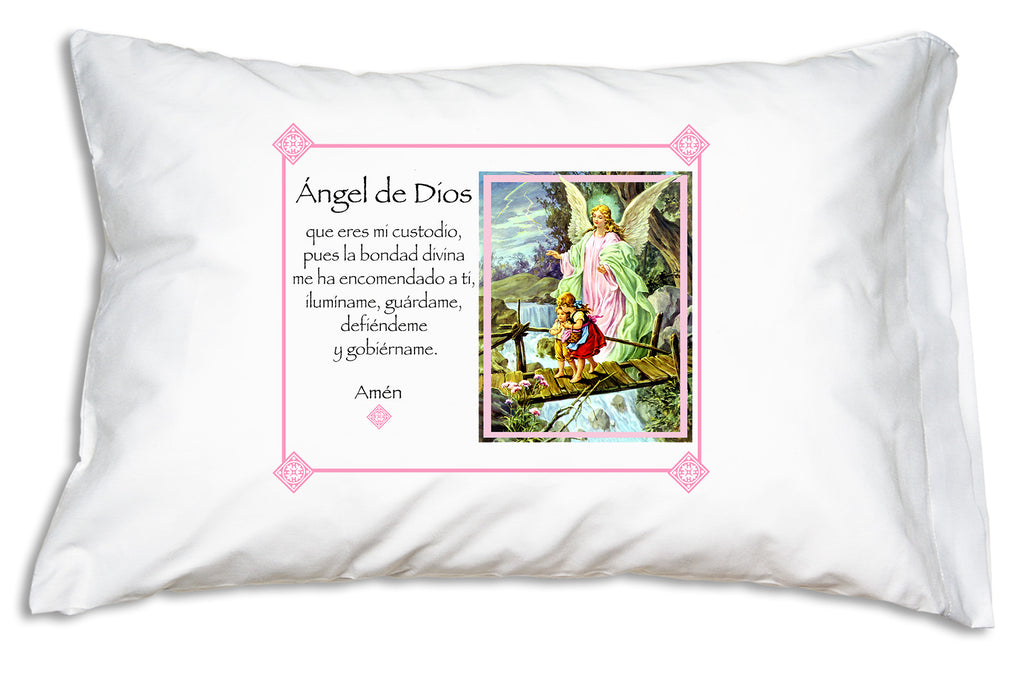 Pretty Ángel de la Guarda Prayer Pillowcase/Rosa teaches children to pray to their guardian angel!