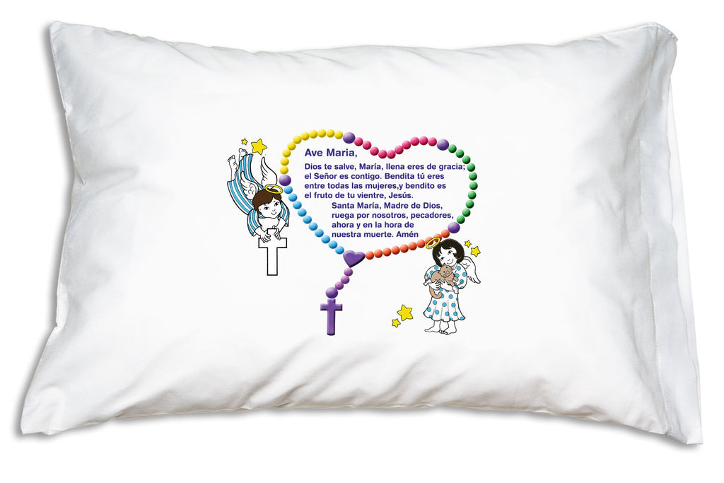 This shows el Ave María (the Hail Mary) on the double-sided Ángeles Pequeños Prayer Pillowcase.