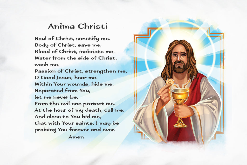 This Prayer Pillowcase closeup shows the rich and welcoming illustration of Jesus alongside the Anima Christi prayer.
