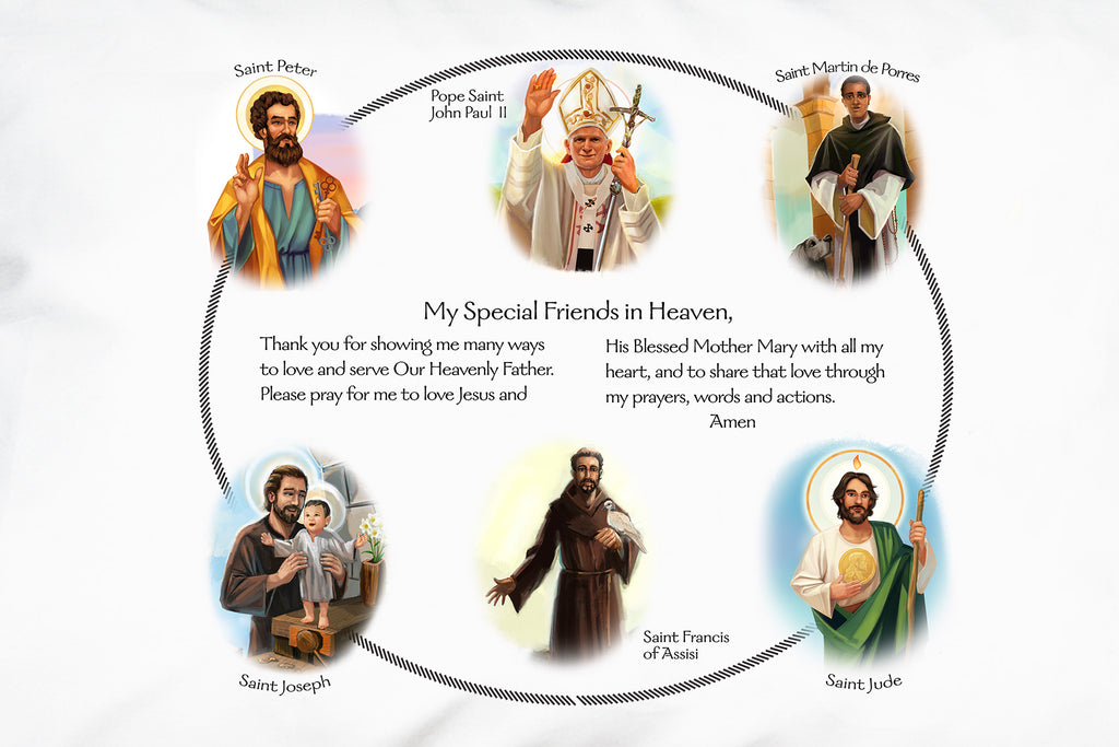 Here is a closup of the six saints featured on the Circle of Friends Blessed Brothers Prayer Pillowcase.