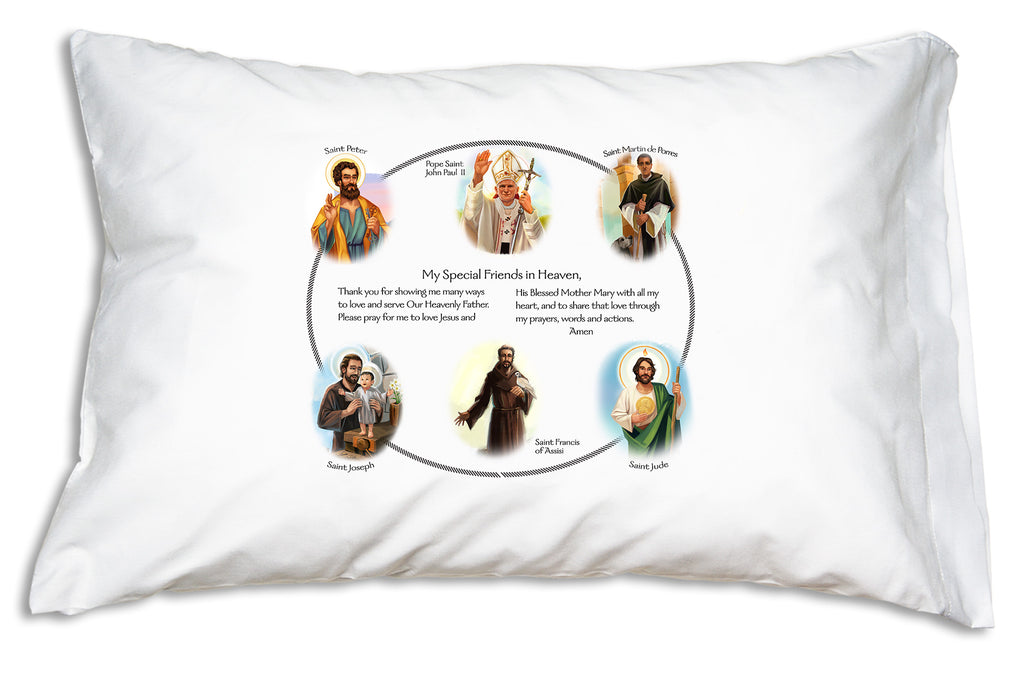 The Circle of Friends Blessed Brothers Prayer Pillowcase features a prayer and portraits of six favorite saints.