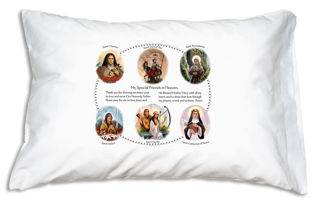  Circle of Friends: Saintly Sisters Prayer Pillowcase features oendearing portraits of six beloved saints encircling a prayer for children.