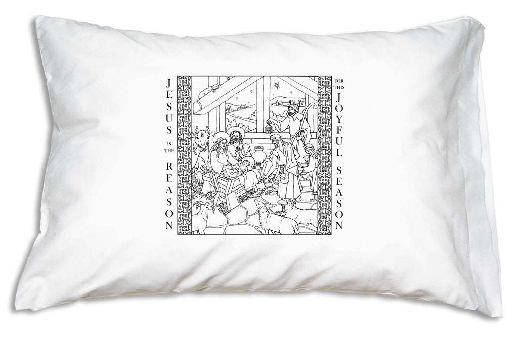Shepherds and a menagerie of animals around Baby Jesus, Mary and Joseph provide lots of coloring fun on the Jesus is the Reason Color Me Pillowcase.
