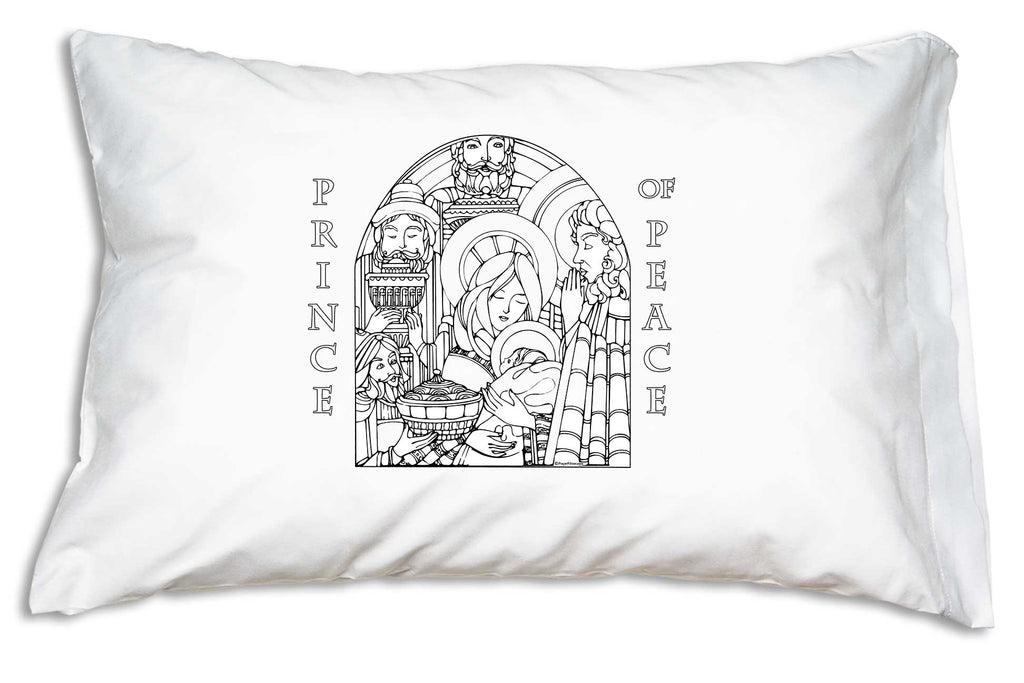 The Prince of Peace Color Me Pillowcase features the newborn King encircled by his Holy Mother, Saint Joseph and adoring Wise Men.
