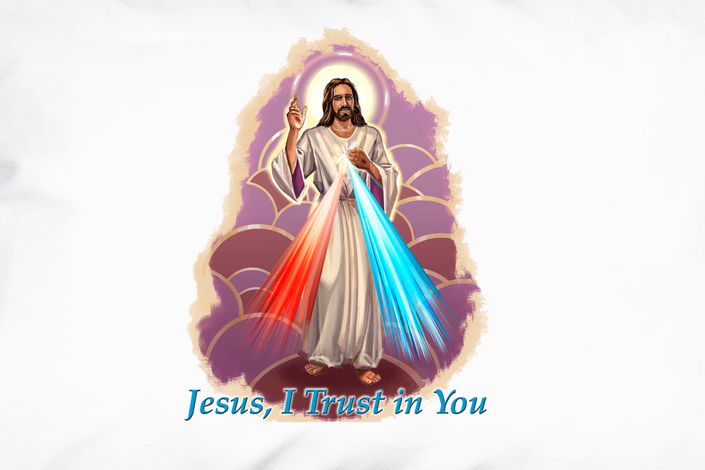 Here's a closer look at our radiant Divine Mercy design featuring St. Faustina's prayer "Jesus, I trust in you."