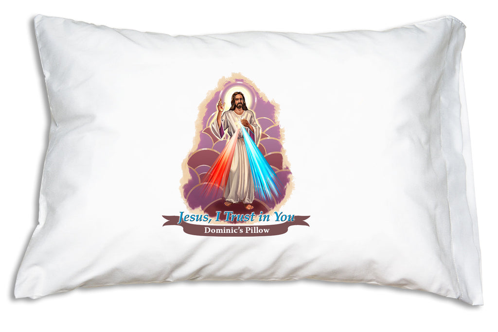 We add the name on a festive banner when you personalize the Divine Mercy pillow case.