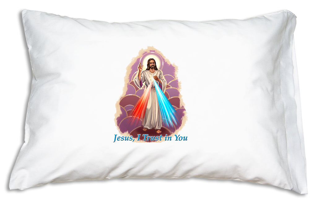 Prayer Pillowcases Divine Mercy pillow case vibrantly illustrated with the prayer "Jesus, I trust in you."