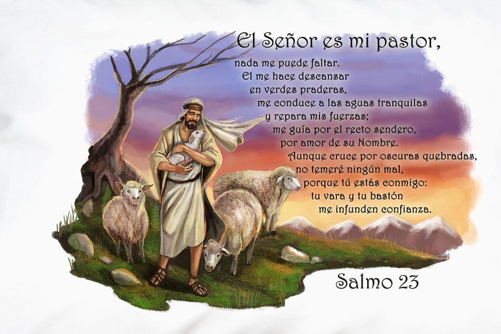 This closeup shows the beautiful illustration on Prayer Pillowcases El Señor es mi Pastor pillow case.