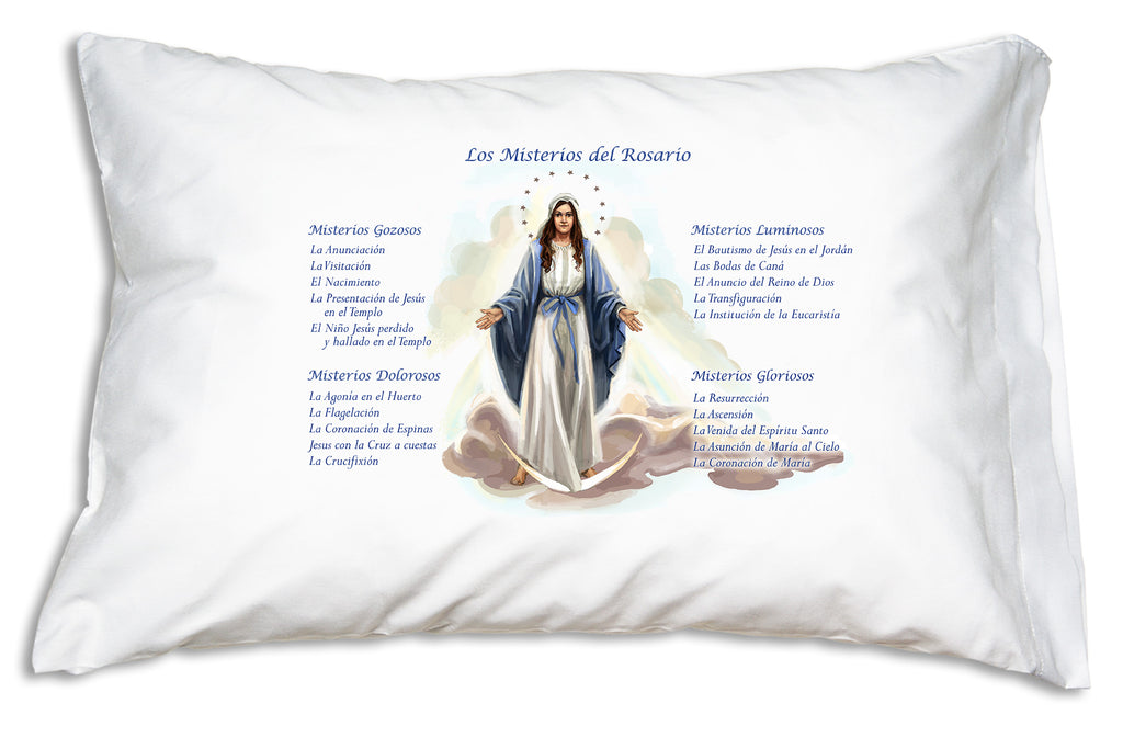 Los Misterios del Rosario (Mysteries of the Rosary) Prayer Pillowcase has all 5 Mysteries printed with pretty illustration of Our Lady of Grace.