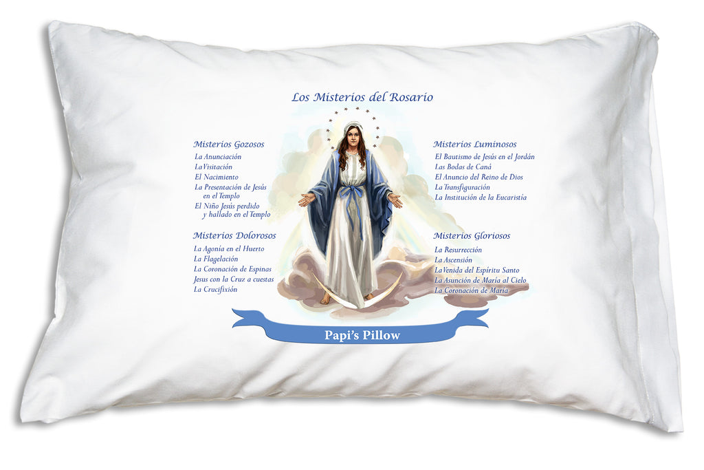 The name goe on a festive banner when you personalize a Los Misterios del Rosario (Mysteries of the Rosary) Prayer Pillowcase. 