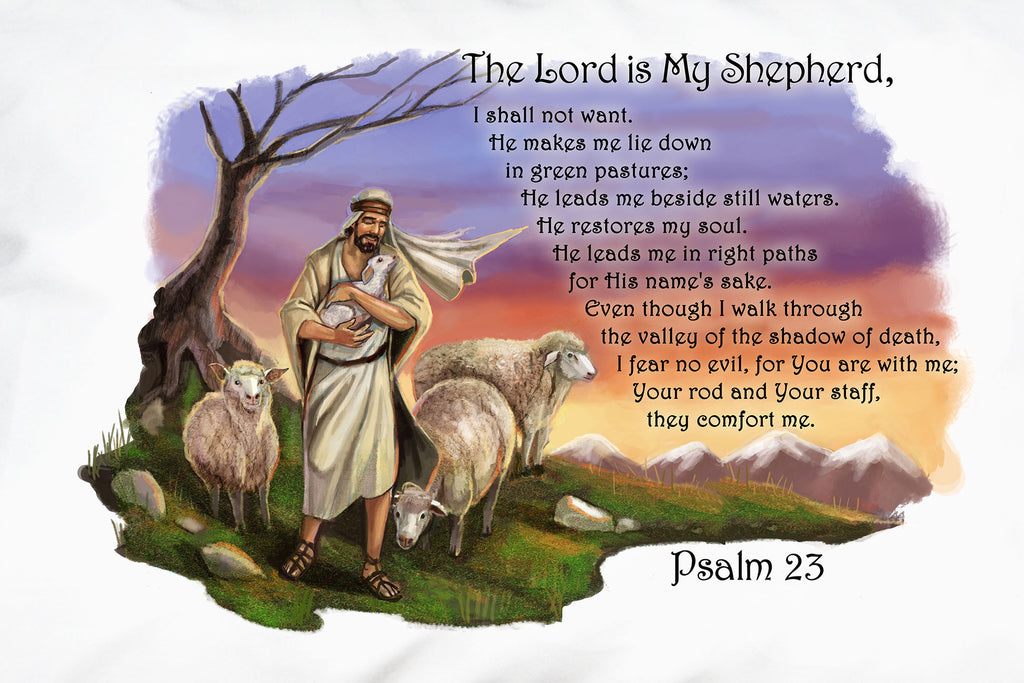 A closeup of Prayer Pillowcases beautiful illustration of Jesus as the Good Shepherd and comforting Psalm 23.