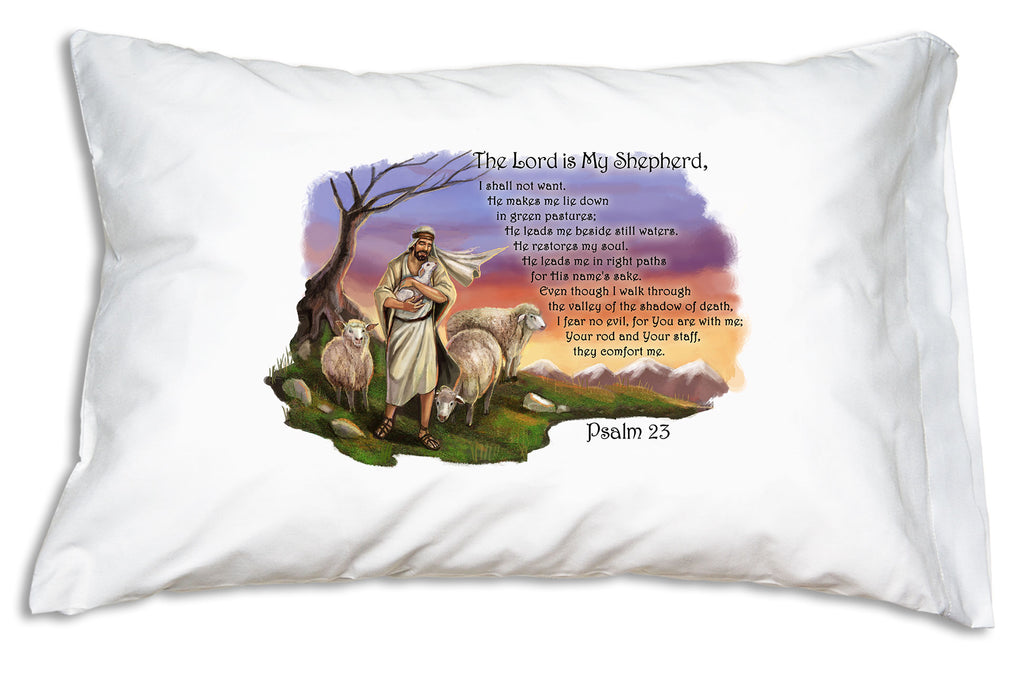 The Psalm 23 design from Prayer PIllowcases features a beautiful illustration of Jesus the Good Shepherd.