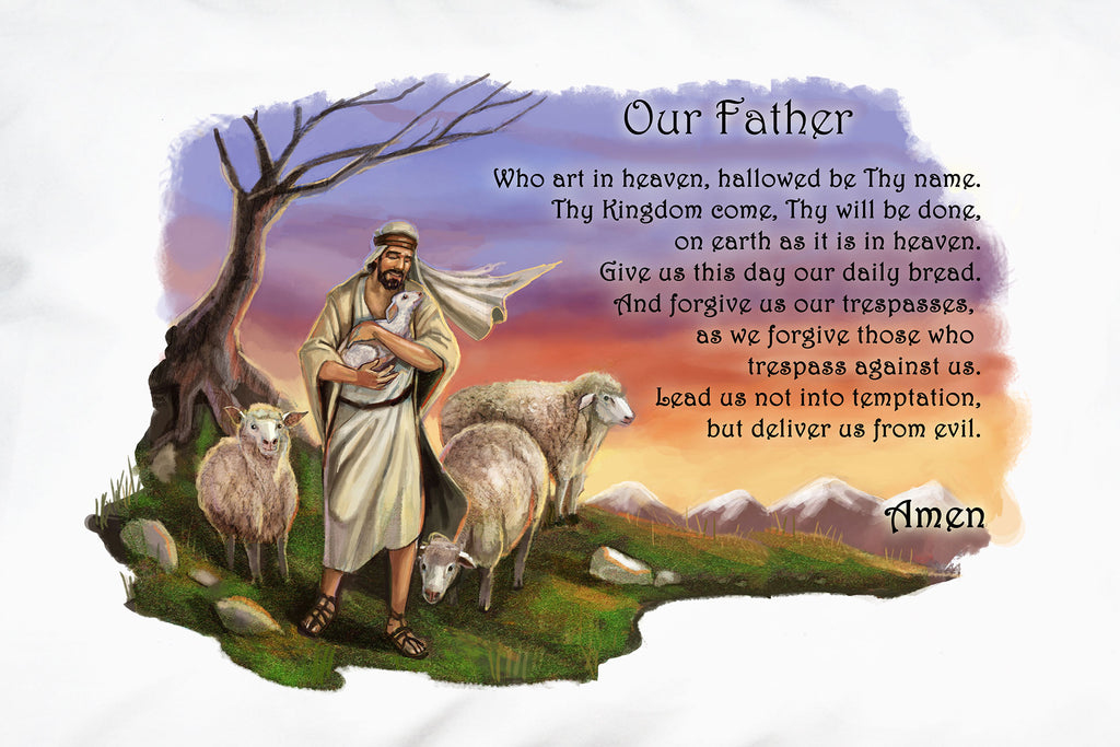 A closeup of the heart-warming illustration of Jesus the Good Shepherd on this Prayer Pillowcase design. 