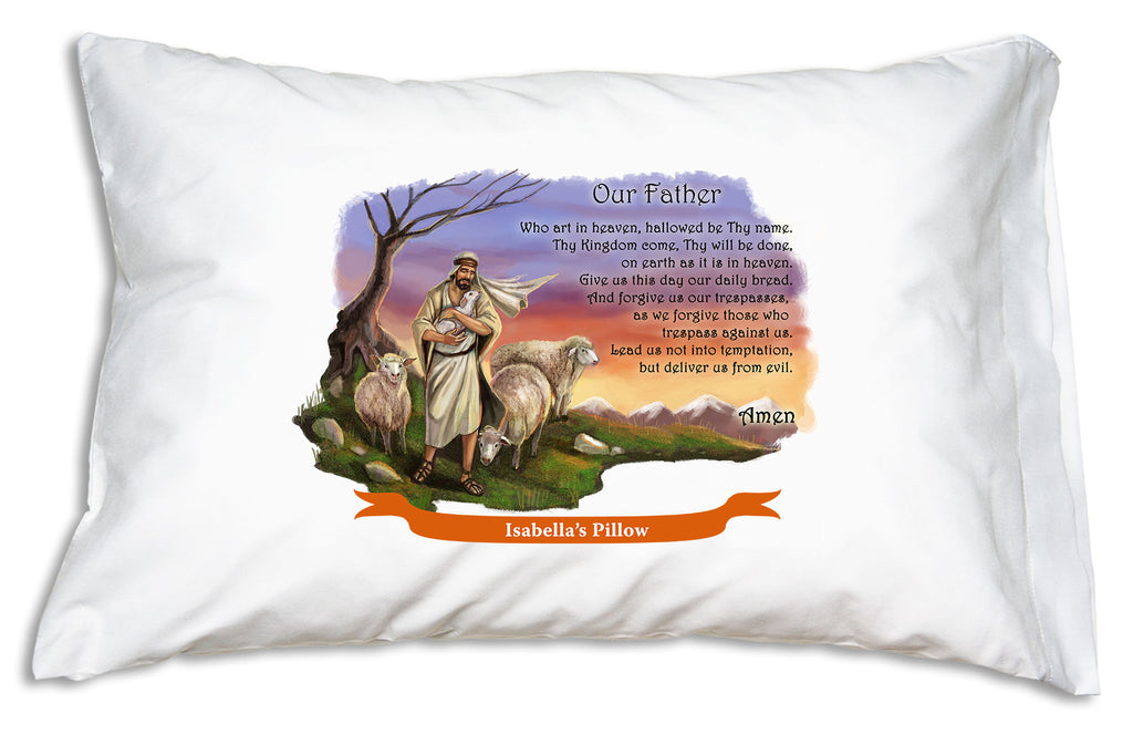 We print the name on a bright banner when you personalize the Good Shepherd Prayer Pillowcase.