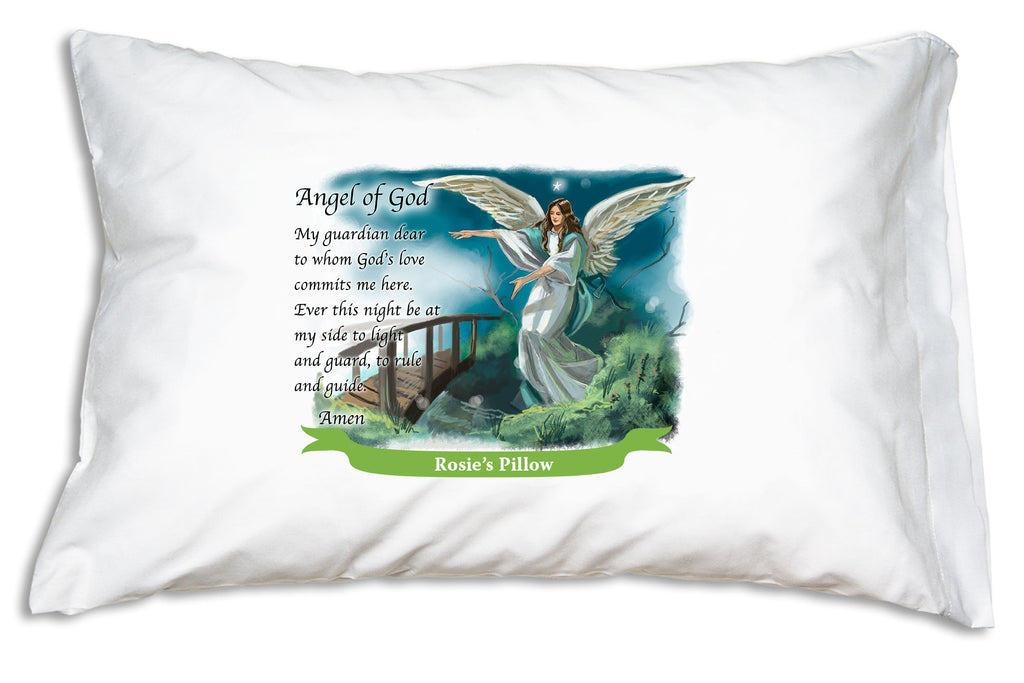 White pillowcase with a personalized banner and image of an angel and the words of the guardian angel prayer in Vietnamese.