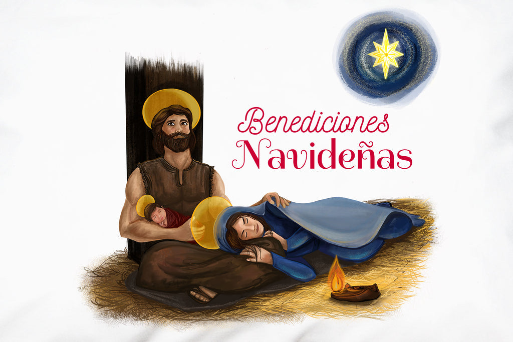"Benediciones Navideñas" adds the finishing touch to the beautiful portrait of la Sagrada Familia on this Christmas pillowcase.