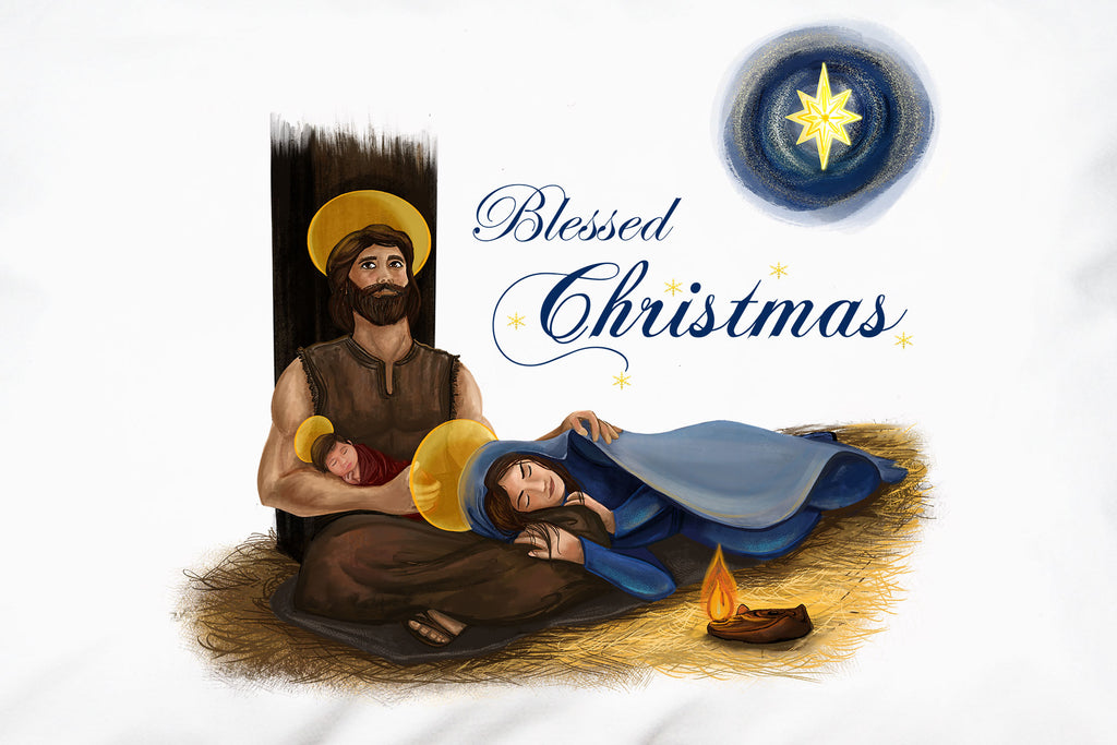 Festive script proclaiming "Blessed Christmas" complements a beautiful portrait of the Holy Family on this Christmas Prayer Pillowcase.