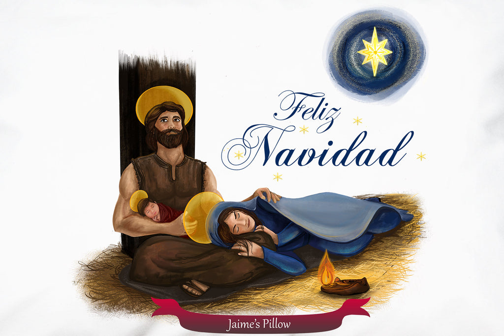 Pesonalize the Holy Family Feliz Navidad pillowcase for Christmas.