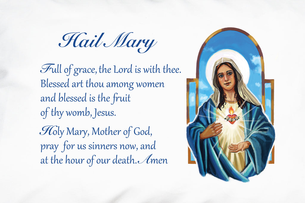 This shows the detail of our beautiful illustration on the Immaculate Heart Hail Mary Prayer PIllowcase.