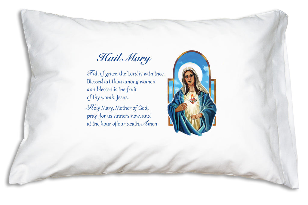 The Immaculate Heart Hail Mary Prayer Pillowcase features a beautiful illustration of Mary.