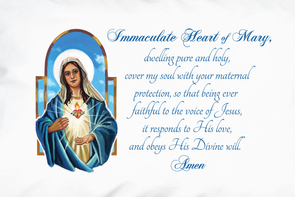 A closeup of our beautiful illustration of The Immaculate Heart of Mary and companion prayer on this Marian design from Prayer Pillowcases.