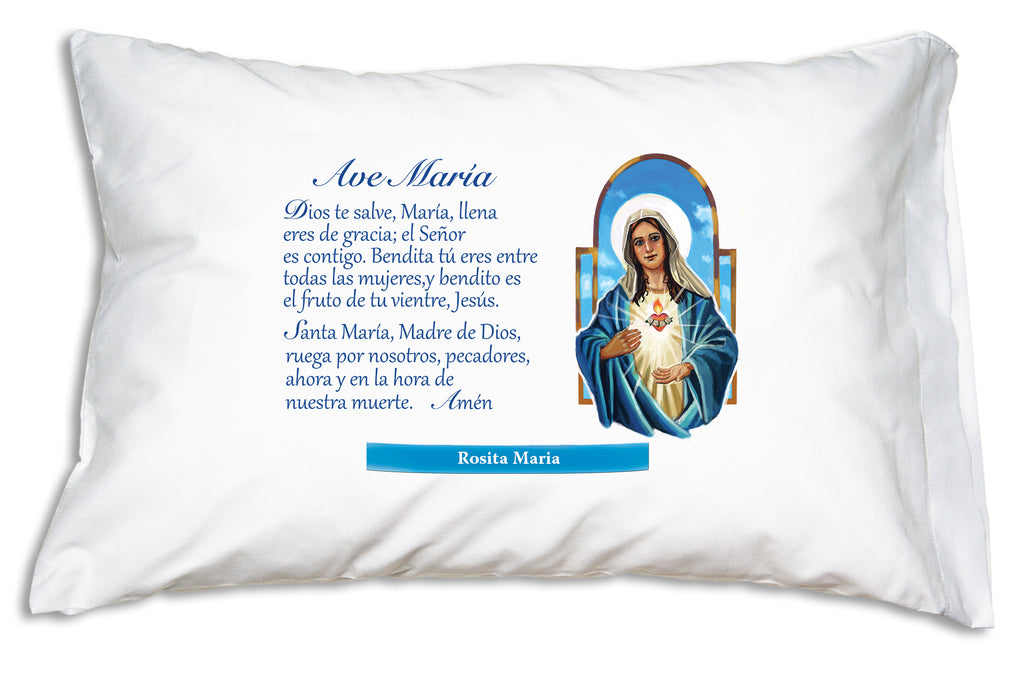 The name goes on a bright banner when you personalize the Inmaculado Corazón de María: Ave María Prayer Pillowcase 