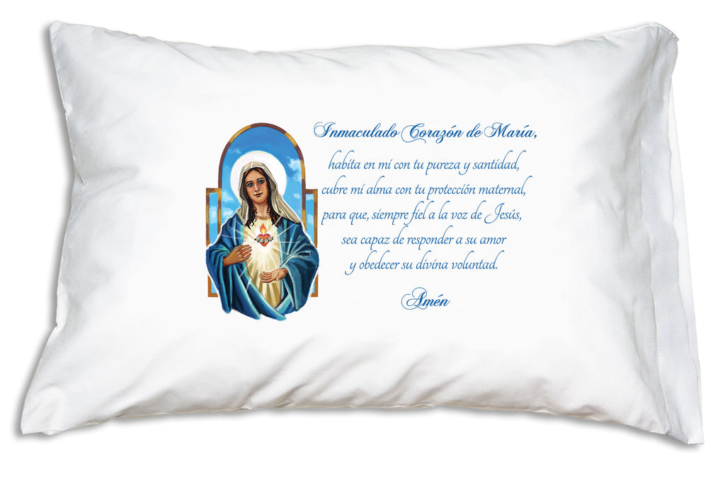 Inmaculado Corazón de María pillow case featues a beautiful image of Our Lady with a loving prayer.