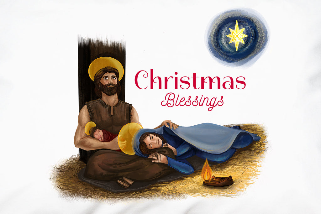Cheery script proclaiming "Christmas Blessings" complements the beautiful scene on the Christmas Blessings Prayer Pillowcase.