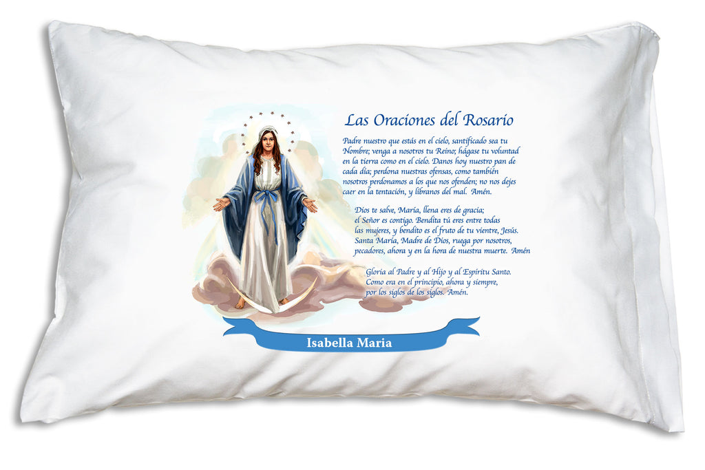 The name goes on a bright banner when you personalize a Las Oraciones del Rosario Prayer Pillowcase.