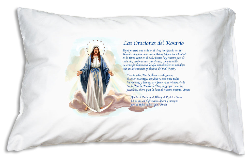 The pretty Las Oraciones del Rosario Marian design from Prayer Pillowcases features a lovely image of Our Lady of Grace and prayers every Catholic needs to know. 