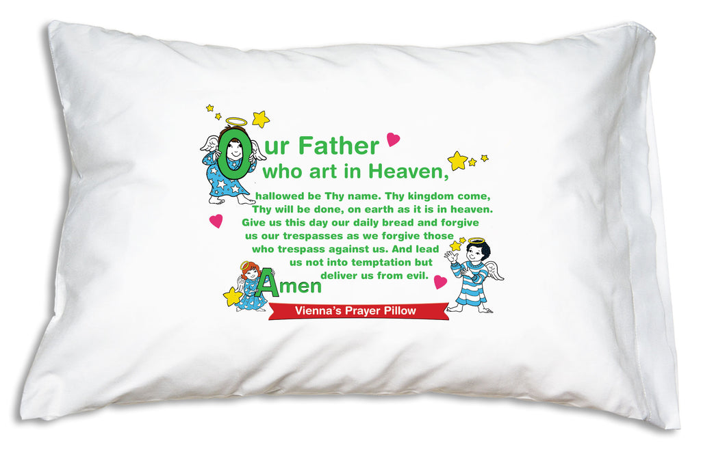 The name goes on a bright banner when you personalize the Little Angels double-sided design from Prayer Pillowcases..