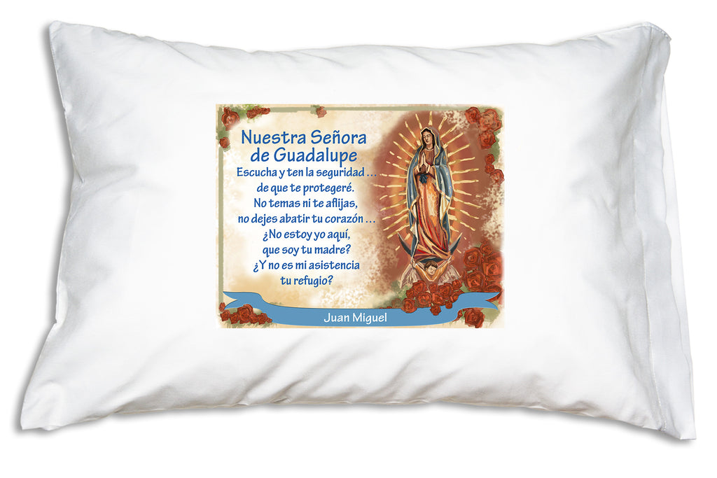 The name goes on a festive banner when you personalize a Neustra Señora de Guadalupe Prayer Pillowcase.