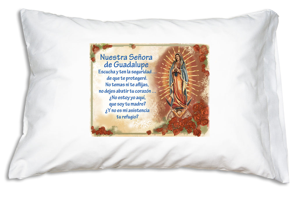 A shower of roses is the backdrop for the pretty illustration on Prayer Pillowcases Neustra Señora de Guadalupe design.