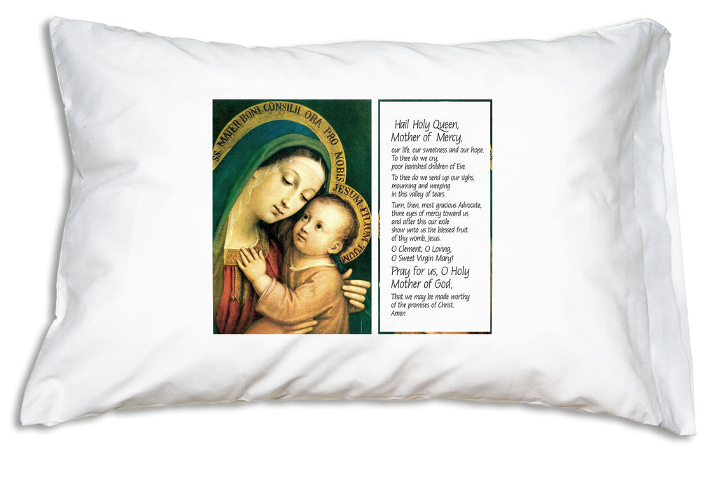 Beautiful Hail Holy Queen Prayer Pillowcase features traditional portrait of Our Lady of Good Counsel.