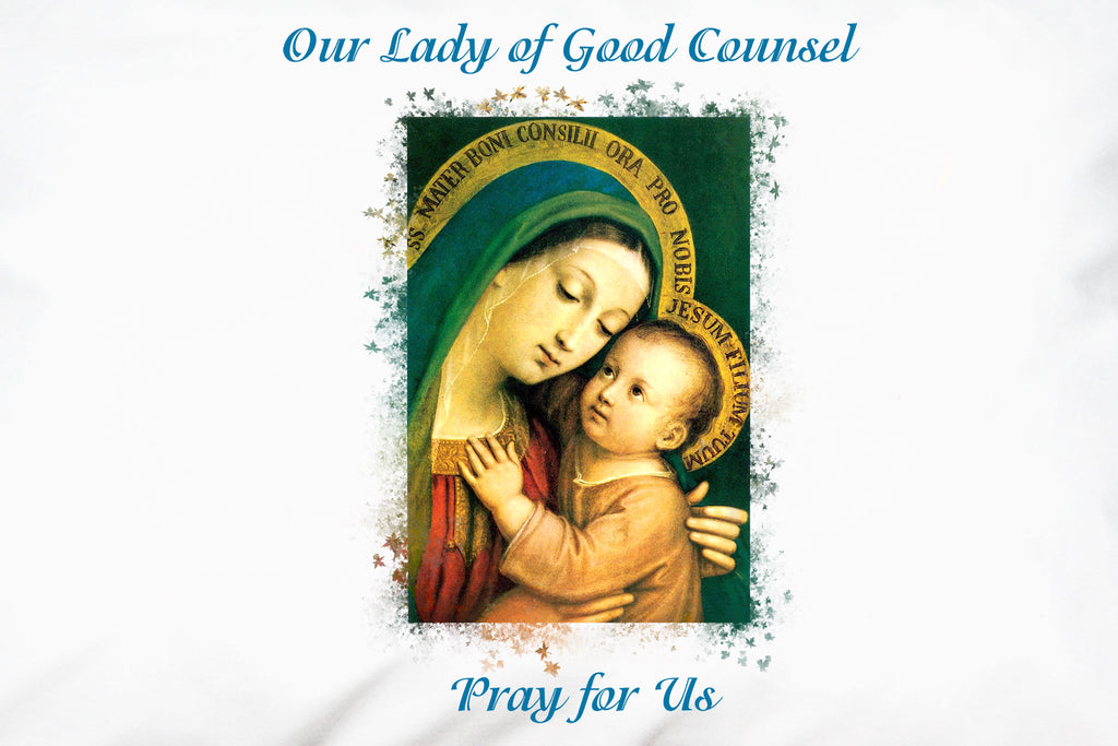 The beloved devotional image of Our Lady of Good Counsel closeup on pillowcase