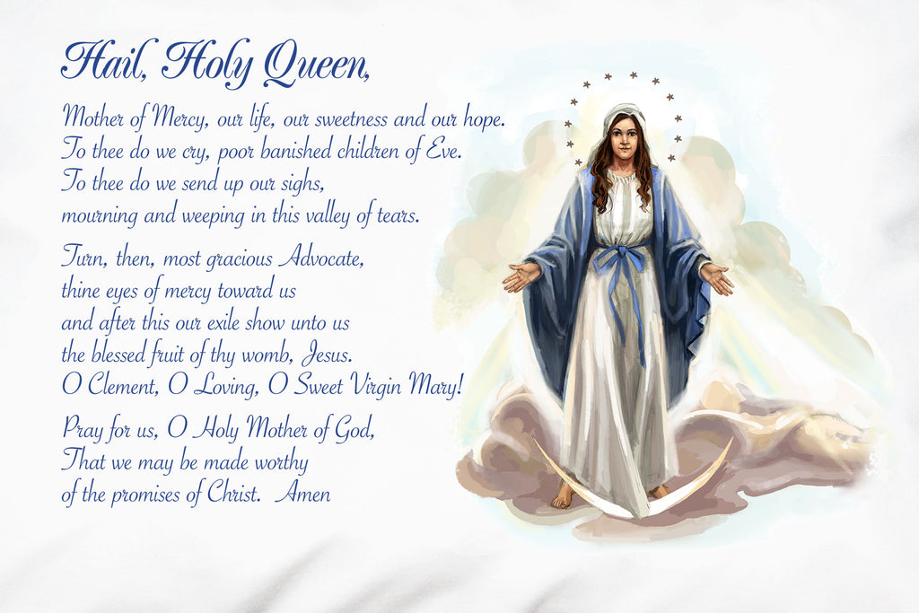 Here's a close up the Our Lady of Grace Hail Holy Queen Prayer Pillowcase, a pleasing prompt to learn and remember to pray the Hail Holy Queen!