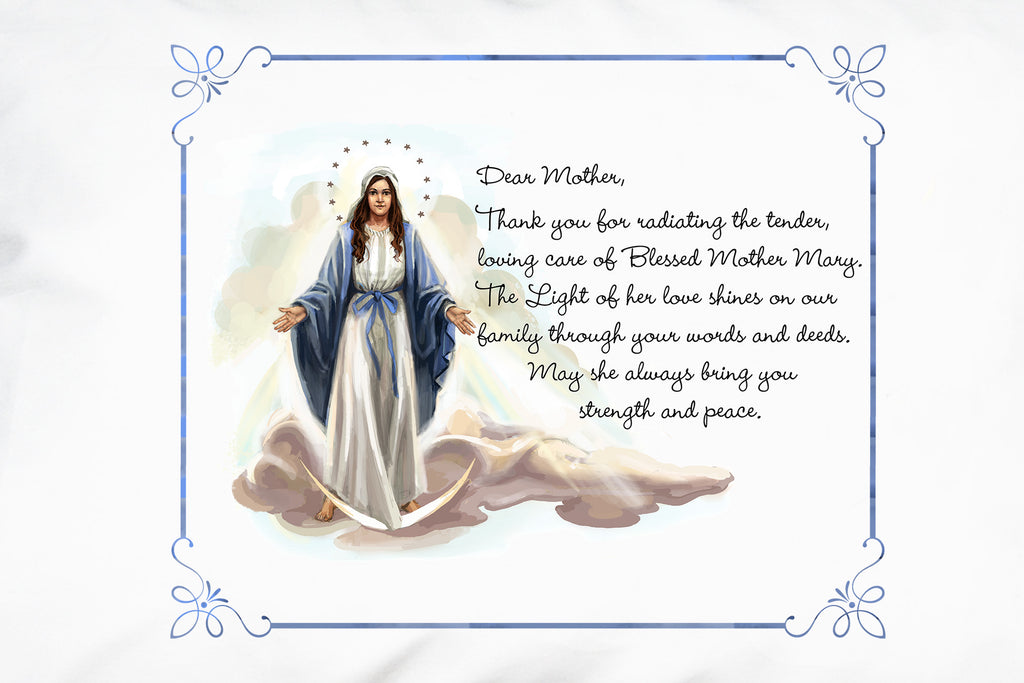 Here's a closeup of the special prayer for Mothers featured on our Marian pillow case design for Catholic Moms on their birthday or Mother's Day..