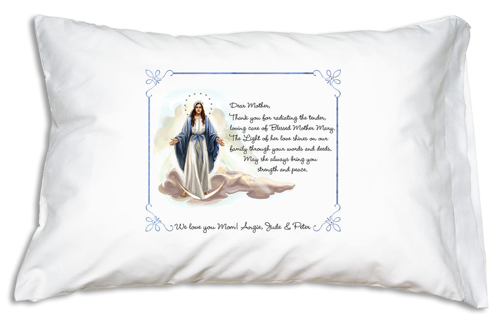 Personalize this pretty Catholic pillowcase for Mom with the names of her children for a heavenly gift on her birthday or Mothers' Day.