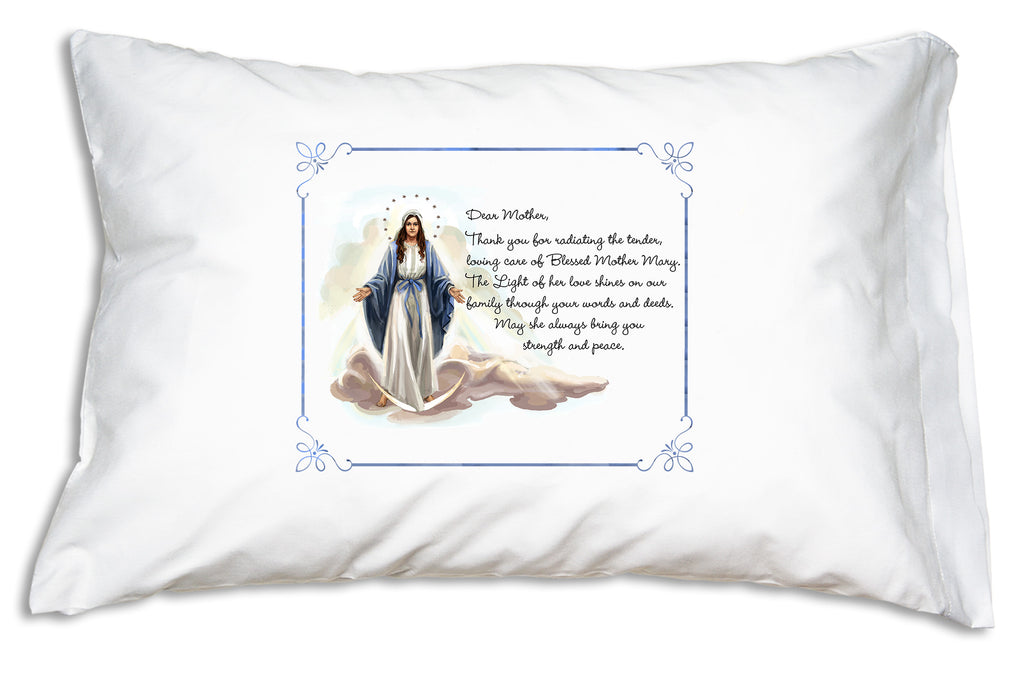 The beautiful image of Our Lady of Grace is paired with a special prayer for Mothers on this Marian Prayer Pillowcase design.